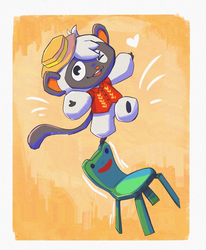 anthro chair clothing froggy_chair furniture hat headgear headwear heart_symbol male on_one_leg shirt smile solo standing topwear redteapanda animal_crossing nintendo niko_(animal_crossing) haplorhine mammal monkey primate hi_res