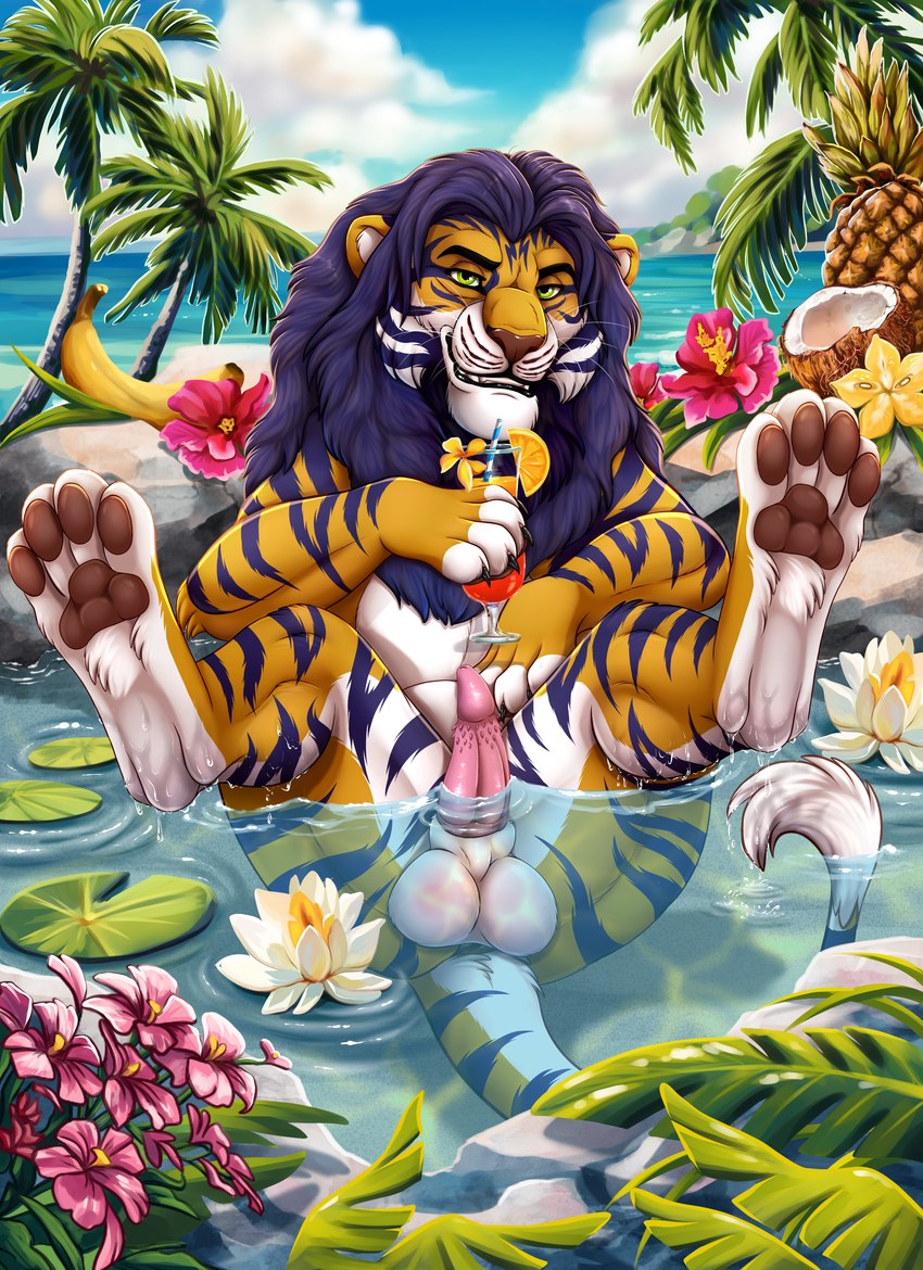 beach feral male nude paws solo xtreme3246 microsoft the_elder_scrolls kovu_muabdib felid feline hybrid khajiit liger mammal pantherine tiger absurd_res hi_res