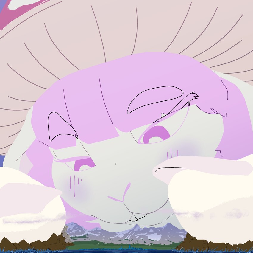 anthro blush city cityscape female fungus fur giga hair landscape_dwarfing macro mountain mushroom outside pink_hair planet_dwarfing size_difference smile solo terra_macro white_body white_fur mikesmike moon_nymph_(toffee_32) lagomorph leporid mammal nymph rabbit absurd_res digital_media_(artwork) hi_res