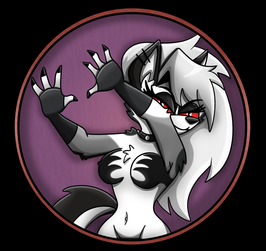 anthro breasts clothing collar eyelashes eyeshadow female fingerless_gloves fur gloves grey_body grey_fur grey_hair hair handwear makeup mostly_nude navel nipples red_sclera shadow solo spiked_collar spikes white_body white_eyes white_fur shinragod hellaverse helluva_boss mythology shadow_hands_challenge loona_(helluva_boss) canid canid_demon canine demon hellhound mammal mythological_canine mythological_creature 2026 digital_media_(artwork) hi_res