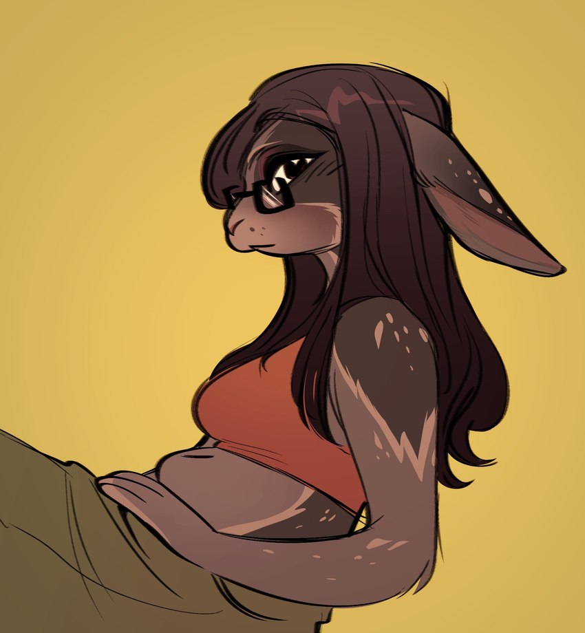 anthro biped brown_body brown_fur brown_hair eyewear fur glasses hair long_hair looking_at_viewer multicolored_body multicolored_fur simple_background solo yellow_background glacierclear lagomorph leporid mammal rabbit 2024 digital_media_(artwork) hi_res