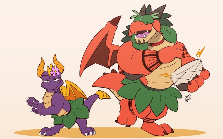 anthro drum duo feral flower horn hula leaf male membrane_(anatomy) membranous_wings musical_instrument on_one_leg percussion_instrument plant purple_body red_body simple_background standing tail wings hikazedragon activision mythology spyro_the_dragon cain_(hikazedragon) spyro dragon mythological_creature mythological_scalie scalie hi_res