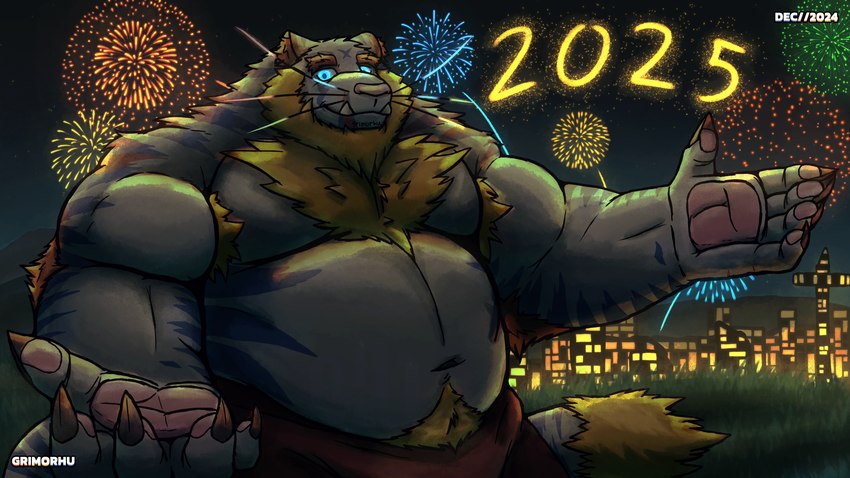 anthro armpit_hair backlighting beard beckoning biped blue_eyes blue_stripes body_hair bottomwear chest_hair claws clothed clothing dark facial_hair fireworks gesture glowing glowing_eyes happy_trail holidays light looking_at_viewer male musclegut muscular muscular_male night outside overweight overweight_male pants pawpads paws pubes reaching_towards_viewer red_bottomwear red_clothing red_pants scar skyline smile solo stripes tail three-quarter_view topless tusks whiskers white_body grimorhu new_year new_year_2025 felid mammal pantherine tiger 16:9 2024 4k absurd_res half-length_portrait hi_res lighting portrait widescreen