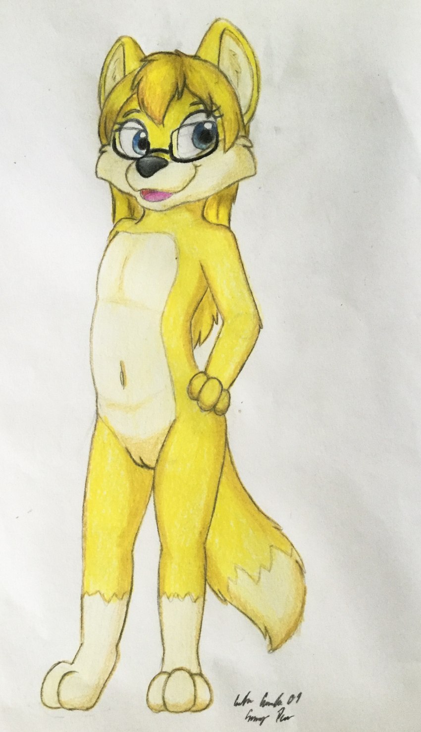 anthro blonde_hair blue_eyes eyewear female flat_chested fur genitals glasses hair hand_on_hip looking_at_viewer navel nude open_mouth pussy solo standing yellow_body yellow_fur young young_anthro young_female silversimba01 polymorph canid canine fox mammal hi_res