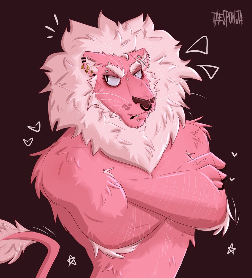 angry anthro armpit_hair blush body_hair ear_piercing eyebrow_piercing facial_piercing fur hair male mane multiple_piercings muscular muscular_male nose_piercing piercing pink_body pink_fur simple_background solo tail whisker_spots whiskers taesponja cartoon_network steven_universe lion_(steven_universe) felid feline felis lion mammal pantherine absurd_res digital_drawing_(artwork) digital_media_(artwork) hi_res shaded