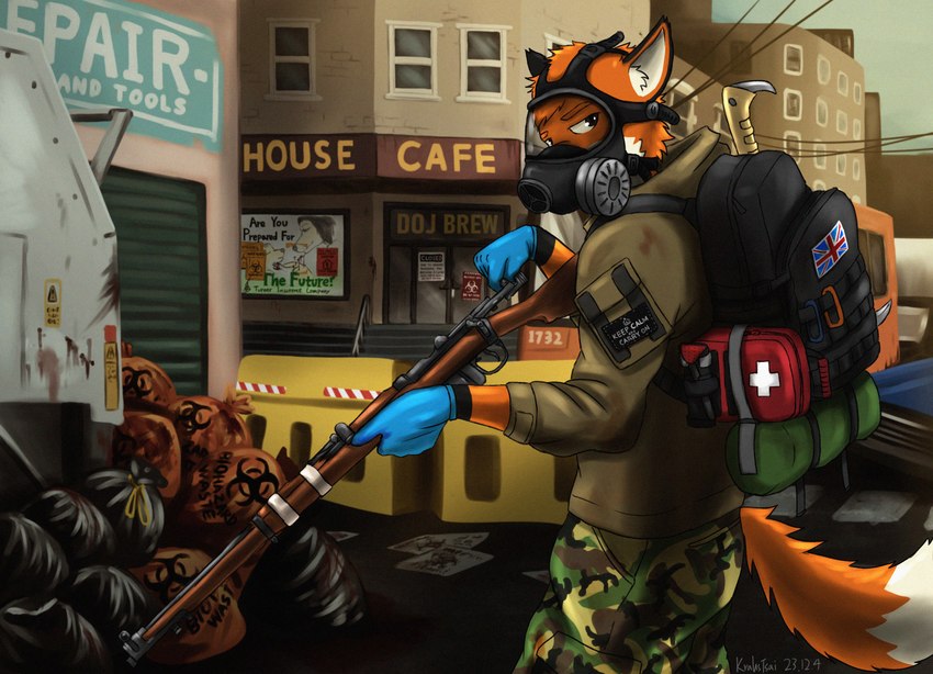 anthro british gas_mask gun male mask post-apocalyptic ranged_weapon rifle solo union_jack weapon krahs_tsai canid canine fox mammal hi_res