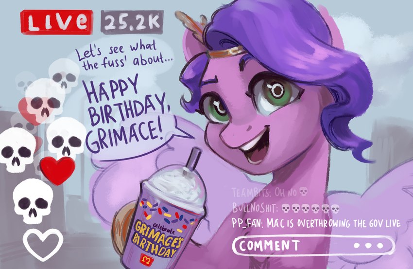 beverage bone comment crown dairy_products drinking_straw emoji eyebrows feathered_wings feathers female feral food fur green_eyes hair headgear holding_object hooves milkshake open_mouth open_smile pink_body pink_feathers pink_fur purple_hair skull smile solo teeth whipped_cream wings jewellier_(artist) grimace_shake hasbro mcdonald's mlp_g5 my_little_pony mythology pipp_petals_(mlp) equid equine mammal mythological_creature mythological_equine pegasus digital_media_(artwork) hi_res meme