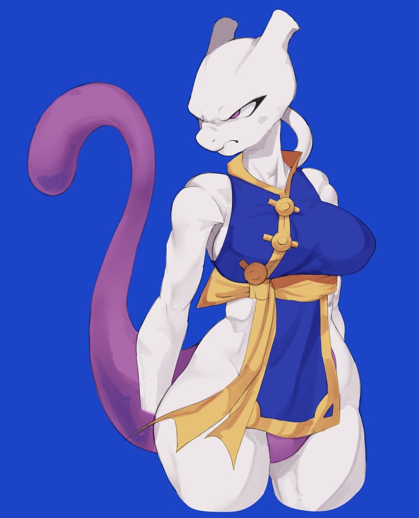 2_horns anthro asian_clothing big_breasts blue_background blue_clothing breasts clothed clothing featureless_crotch female frown grey_body grey_skin holowear_(pokemon) horn looking_away looking_off_screen narrowed_eyes purple_eyes purple_tail simple_background solo standing tail thick_thighs wide_hips rottenarmor nintendo patreon pokemon pokemon_unite martial_arts_style_mewtwo generation_1_pokemon legendary_pokemon mewtwo pokemon_(species) 2023 digital_media_(artwork) hi_res