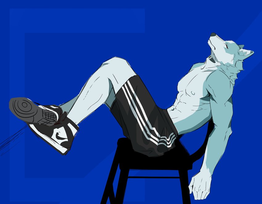 abs anthro athletic athletic_anthro athletic_male biped black_clothing black_footwear black_nose black_shoes blue_body blue_fur bottomwear chair clothed clothing collar crossed_legs eyes_closed footwear fur furniture half_naked legs_up male nike_dunks on_chair pants pecs shoes shorts simple_background sitting sitting_on_chair sneakers solo dunks dxmdwq764027 adidas brand_new_animal jordan_(brand) nike studio_trigger shirou_ogami canid canine canis mammal wolf 2023 absurd_res digital_drawing_(artwork) digital_media_(artwork) hi_res