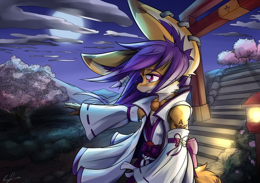 anthro breasts cloud ear_piercing ear_ring female fur hair light moon moonlight night outside piercing plant purple_hair ring_piercing shrine_maiden shrine_priestess solo tan_body tan_fur tree surryfox surry_(surryfox) canid canine fox mammal digital_media_(artwork) digital_painting_(artwork) hi_res