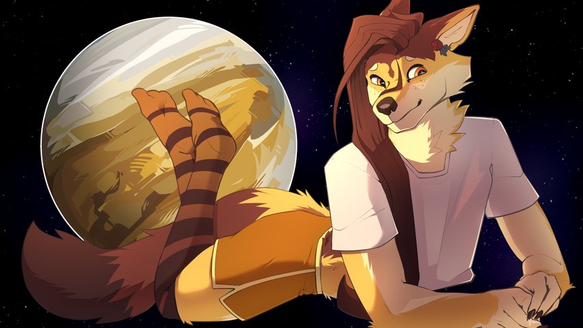 amber_eyes anthro bottomwear brown_body brown_fur brown_hair claws clothed clothing cosmic_background femboy flower fully_clothed fur hair legwear male plant rose_(flower) shorts solo starry_background stockings tan_body tan_fur venus_(planet) yellow_body yellow_fur vanadiumvalor solar_house venus_(solar_house) black-backed_jackal canid canine canis jackal mammal 16:9 4k absurd_res hi_res widescreen