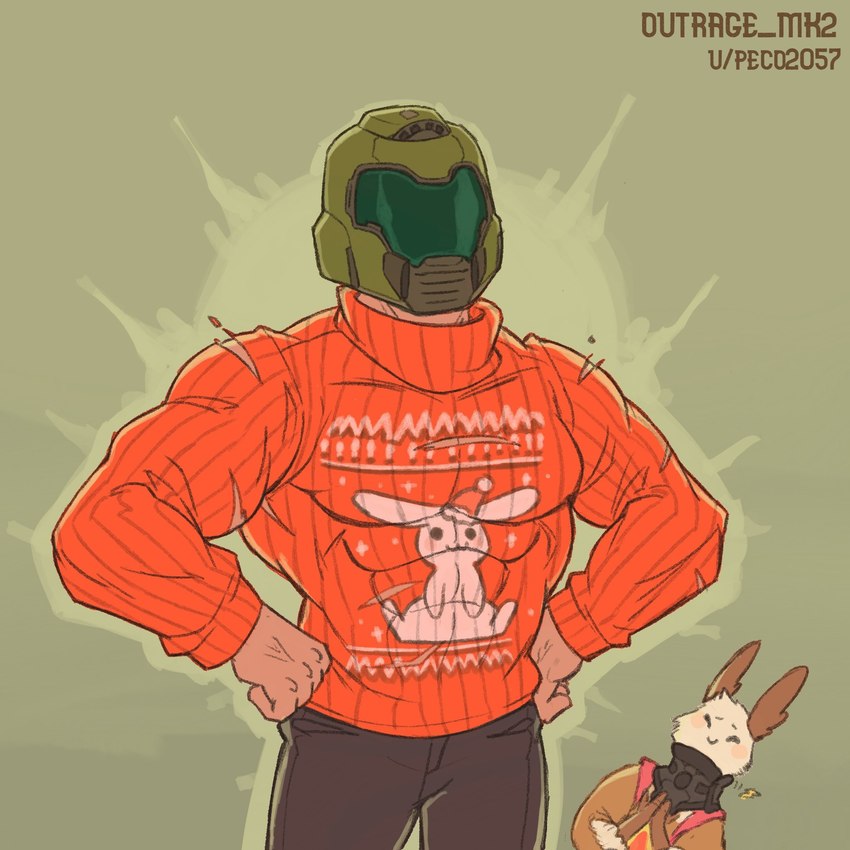 abs armor brown_body brown_fur clothed clothing duo fur headgear helmet male muscular muscular_male neck_brace pecs simple_background white_body white_fur outrage_mk2 doom_(series) epic_games fortnite id_software microsoft doom_slayer guff_(fortnite) human mammal 1:1 crossover hi_res