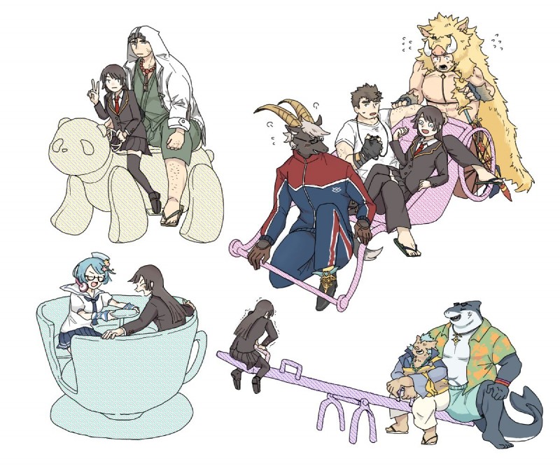 anthro blue_hair clothed clothing eyewear facial_hair female glasses gloves group hair handwear horn male mohawk musclegut muscular muscular_male open_clothing open_shirt open_topwear seesaw shirt sideburns teacup_ride topwear tracksuit tusks 33_ths lifewonders tokyo_afterschool_summoners benten_(tas) female_protagonist_(tas) ganglie_(tas) protagonist_(tas) tanngrisnir_(tas) typhon_(tas) bovid caprine fish goat mammal marine shark suid suine sus_(pig) wild_boar 6:5