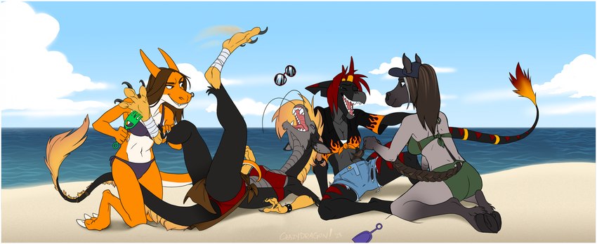 2_horns 3_toes 4_fingers 5_fingers ankle_grab anthro armband barbel_(anatomy) beach beak bikini black_hooves blonde_hair blue_bottomwear blue_clothing blue_hat blue_headwear blue_shorts bodily_fluids bottomwear braided_tail breasts brown_hair butt cheek_tuft chin_tuft claws closed_smile clothing cloud crying_laughing day denim denim_bottomwear denim_clothing denim_shorts ear_piercing ear_ring eyebrows eyes_closed eyewear facial_piercing facial_tuft fangs feet female female/female finger_claws fingers flesh_whiskers fur fur_tuft furgonomic_hat furgonomic_headwear furgonomics green_bikini green_clothing green_swimwear grey_beak grey_body grey_fur grey_inner_ear grey_scales group hair hat headgear headwear holding_object hooves horn kneeling laugh leg_grab long_neck looking_at_another lying midriff mouth_closed multicolored_body navel non-mammal_breasts nose_piercing nose_ring notched_ear on_back open_mouth open_smile orange_body orange_scales outside piercing pink_tongue ponytail purple_bikini purple_clothing purple_swimwear red_bikini red_clothing red_hair red_swimwear ring_piercing sand scales sea sharp_teeth shirt shorts shovel sitting sky smile spiked_armband spikes sunglasses swimwear tail tail_tuft talon_hands tears teeth tickling tickling_feet tickling_navel tied_shirt toe_claws toes tongue tools topwear torn_bottomwear torn_clothing torn_shorts tuft two-piece_swimsuit water white_body white_scales yellow_talons thecrazydragon mythology edgy_(rofllizard) flare_(rofllizard) dragon eastern_dragon equid equine horse mammal mythological_creature mythological_scalie scalie 2023 hi_res