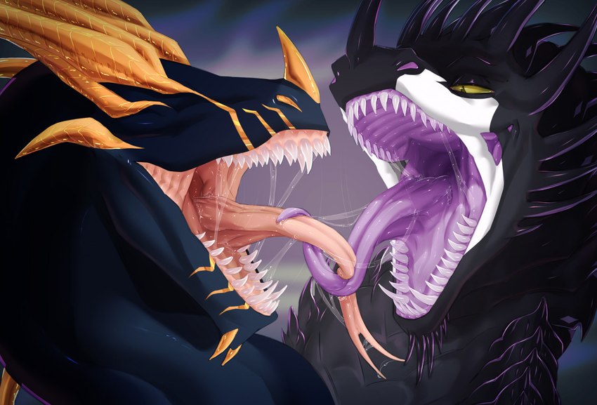 ambiguous_gender bodily_fluids duo fangs feral imminent_french_kissing kissing oral saliva saliva_on_tongue saliva_string sharp_teeth teeth mzmrt dreamworks european_mythology how_to_train_your_dragon mythology dragon mythological_creature mythological_scalie scalie skrill_(species) western_dragon wyvern