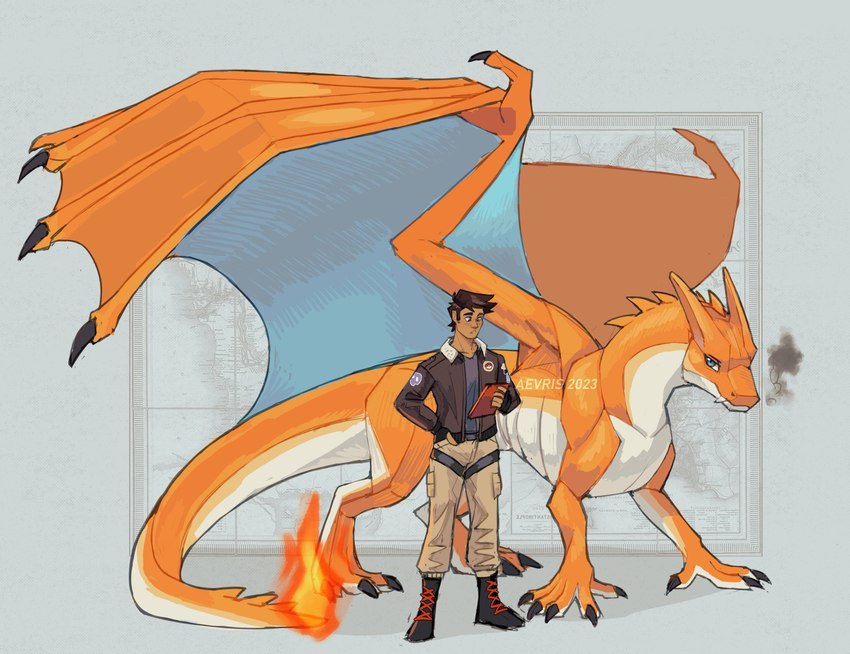 biped claws clothed clothing countershade_face countershade_neck countershade_tail countershade_torso countershading duo feral fire flaming_tail hair male membrane_(anatomy) membranous_wings orange_body paws quadruped tail tailbutt wings aevris mythology nintendo pokemon romeo_(aevris) ryker_(aevris) charizard dragon generation_1_pokemon human mammal mythological_creature mythological_scalie pokemon_(species) scalie absurd_res hi_res