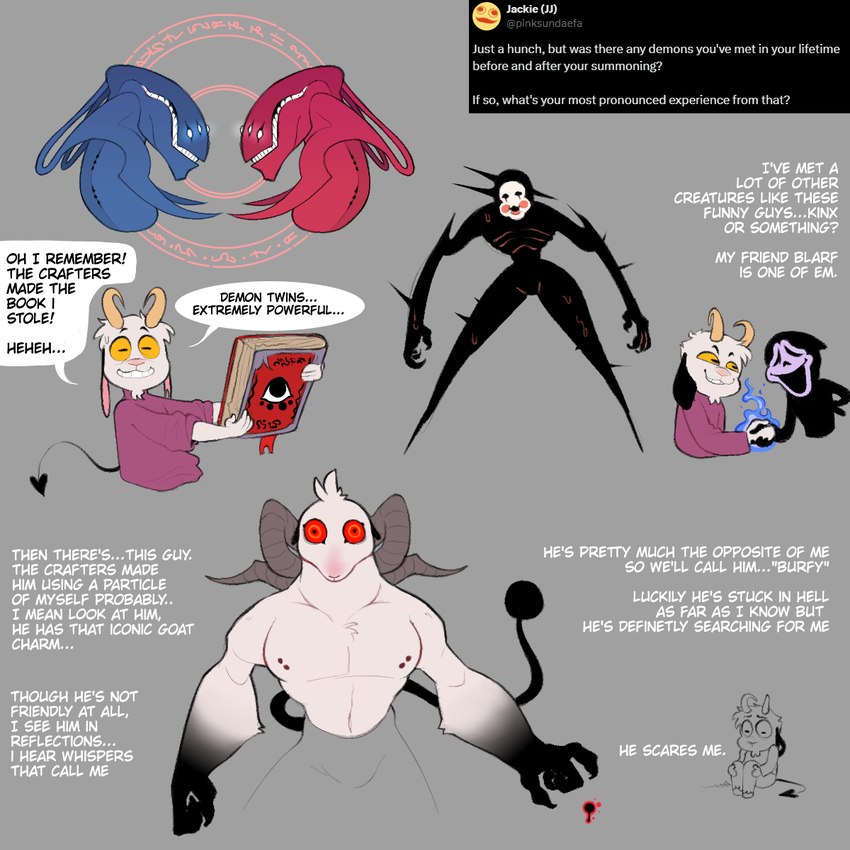 anthro blue_fire book colored_fire dialogue fire gesture handshake male q&a red_sclera text twistedfurby blarf_(blarf022) furby_(twistedfurby) bovid caprine caprine_demon demon goat goat_demon humanoid kinx_(blarf022) mammal 1:1 2024 english_text hi_res