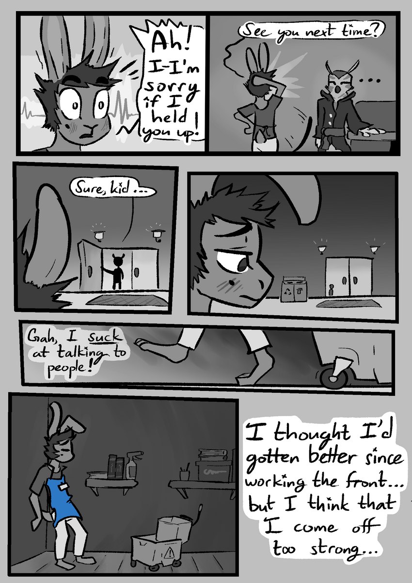 anthro apron base_four_layout blockage_(layout) blush cleaning_tool closet clothing dialogue duo embarrassed four_row_layout fur hair horizontal_blockage male markings mole_(marking) open_mouth signal_line silhouette six_frame_image speech_bubble text lost_andsafe halcyon_(series) herba_(halcyon) avian bird lagomorph leporid mammal owl rabbit 2023 absurd_res comic english_text greyscale hi_res monochrome