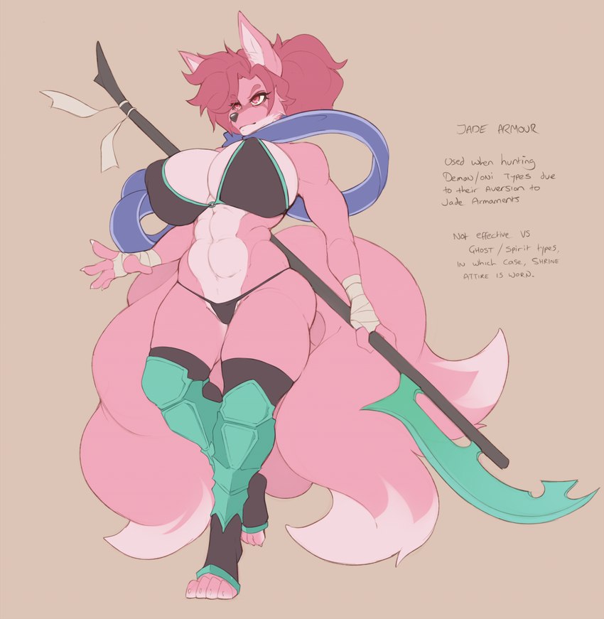 4_toes 5_fingers anthro athletic athletic_anthro athletic_female bardiche big_breasts bottomwear breasts clothed clothing eyebrow_through_hair eyebrows eyelashes feet female fingers footwear fur hair huge_breasts legwear melee_weapon multi_tail multicolored_body multicolored_fur nipple_outline pink_body pink_eyes pink_fur pink_hair pink_tail polearm scarf skimpy solo tail text thick_thighs thigh_highs toeless_footwear toes topwear translucent translucent_hair two_tone_body two_tone_fur two_tone_tail voulge weapon white_body white_fur white_tail wraps conditional_dnp wyntersun rai_(wyntersun) canid canine fox mammal 2023 english_text full-length_portrait hi_res portrait