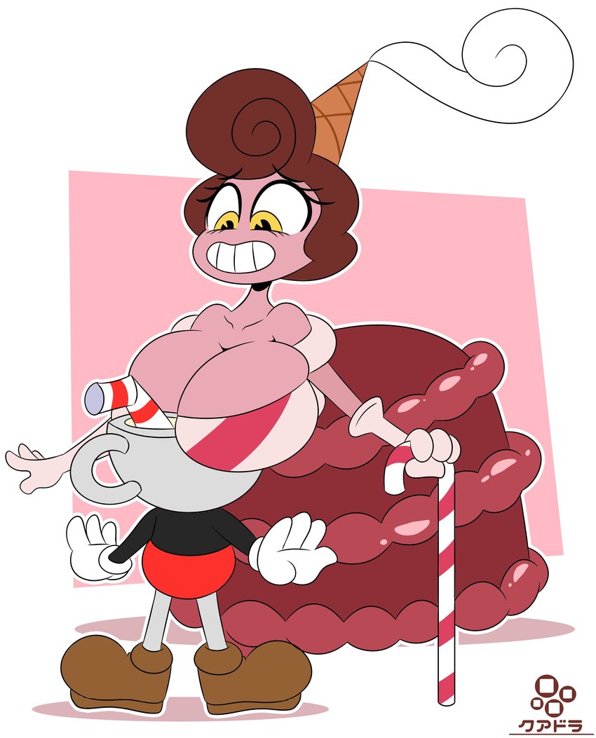 big_breasts breasts cleavage clothed clothing duo female footwear for_a_head gloves handwear hennin huge_breasts human_on_humanoid interspecies male male/female not_furry shoes smile yellow_eyes cuadra_side cuphead_(game) baroness_von_bon_bon cuphead_(character) animate_inanimate human humanoid mammal object_head 2022 absurd_res hi_res