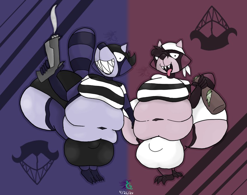 alcohol anthro balls_outline belly beverage big_belly big_bulge big_butt bulge butt clothing detailed_bulge duo genital_outline gun huge_belly huge_bulge huge_butt hyper hyper_butt kerchief male male/male obese overweight pattern_clothing pattern_shirt pattern_topwear ranged_weapon shirt short_stack striped_clothing striped_shirt striped_topwear stripes topwear weapon gaminggranny jimmy_(nightsome) jonny_(nightsome) mammal procyonid raccoon