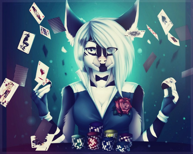 ace_of_clubs ace_of_diamonds ace_of_hearts ace_of_spades anthro card card_game clothed clothing female front_view gaming hair joker_(playing_card) king_of_diamonds looking_at_viewer poker poker_chip queen_of_hearts_(card) smile solo ten_of_hearts white_hair alenkavoxis nalna_(thestrangerr) felid mammal 5:4