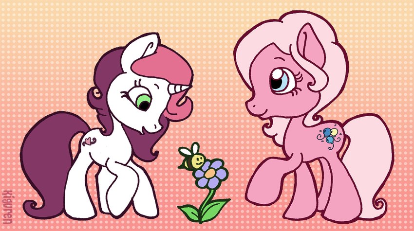 ambiguous_gender cutie_mark duo feral flower horn on_model plant smile kiguren hasbro mlp_g3 my_little_pony my_little_pony_(2009) mythology pinkie_pie_(g3) sweetie_belle_(g3) arthropod bee earth_pony equid equine horse hymenopteran insect mammal mythological_creature mythological_equine pony unicorn