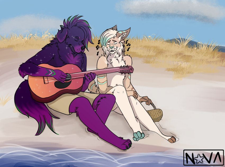 ambiguous_gender anthro beach duo guitar musical_instrument musical_note musical_symbol outside plucked_string_instrument purple_body sand sea seaside sky string_instrument symbol water novalynxa art_fight hawthorne_(rhari) canid canine felid feline mammal digital_media_(artwork) signature