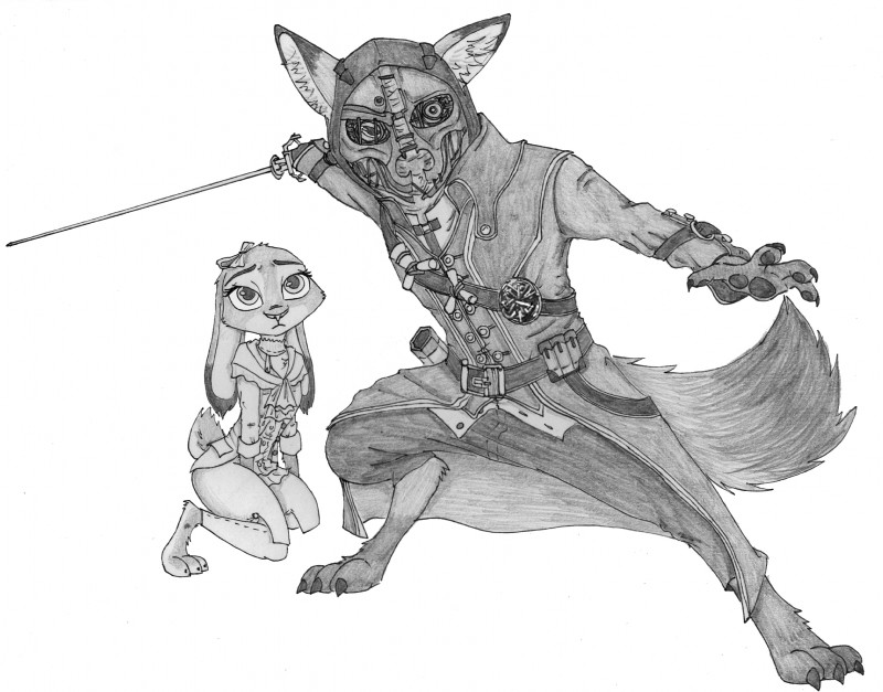 3_toes 4_fingers anthro barefoot belt button_(fastener) claws clothing duo feet female fingers fur holding_melee_weapon holding_object holding_sword holding_weapon inner_ear_fluff kneeling long_coat long_ears looking_at_viewer male mask medallion melee_weapon pawpads paws rapier ribbons simple_background size_difference standing sword toe_claws toes tuft weapon white_background ziegelzeig arkane_studios dishonored disney microsoft zootopia corvo_attano emily_kaldwin judy_hopps nick_wilde canid canine fox lagomorph leporid mammal rabbit red_fox true_fox absurd_res crossover graphite_(artwork) hi_res monochrome traditional_media_(artwork)