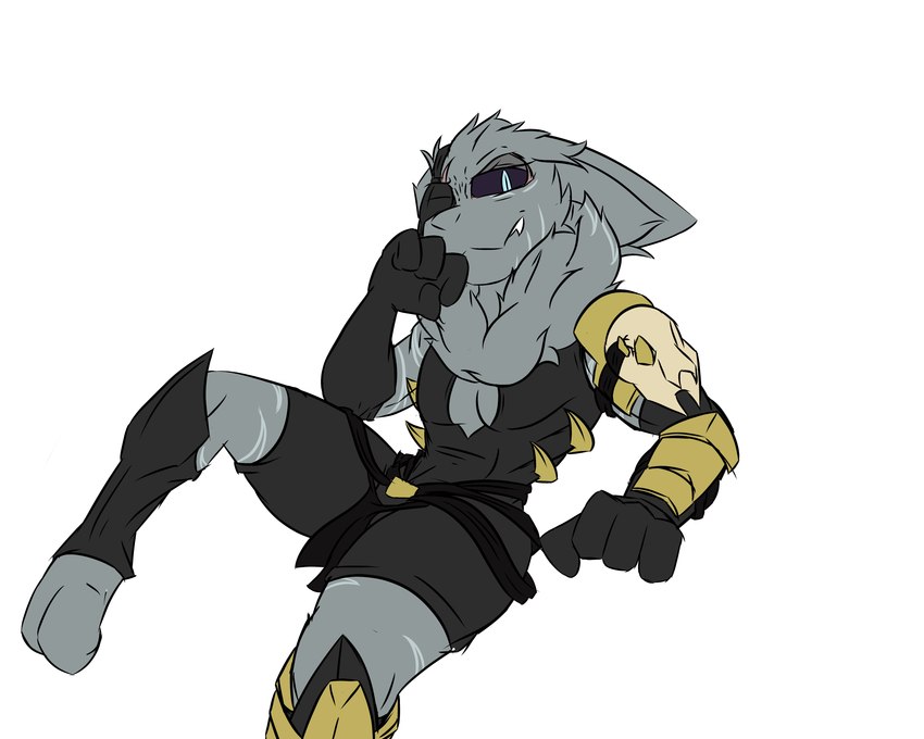 ambiguous_gender anthro arm_guards blue_eyes bone_armor bottomwear clothing female fur grey_body grey_fur loincloth neck_tuft shoulder_guards tight_clothing tuft spicy_flakes tanya_flare xaiphyne 5:4 absurd_res hi_res