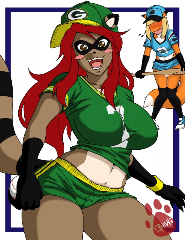 anthro baseball_bat baseball_cap bat_(object) big_breasts blonde_hair blush bottomwear breasts brown_eyes clothing duo female hair hat headgear headwear long_hair looking_at_viewer open_mouth red_hair short_hair shorts smile standing tail wide_hips wisconsin mrbowater carolina_panthers green_bay_packers nfl tanuki-chan canid canine fox mammal hi_res