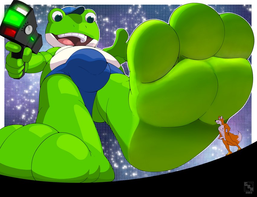 feet foot_focus macro micro star stepping giantboonehusky_(artist) nintendo star_fox slippy_toad amphibian canid canine fox frog mammal hi_res