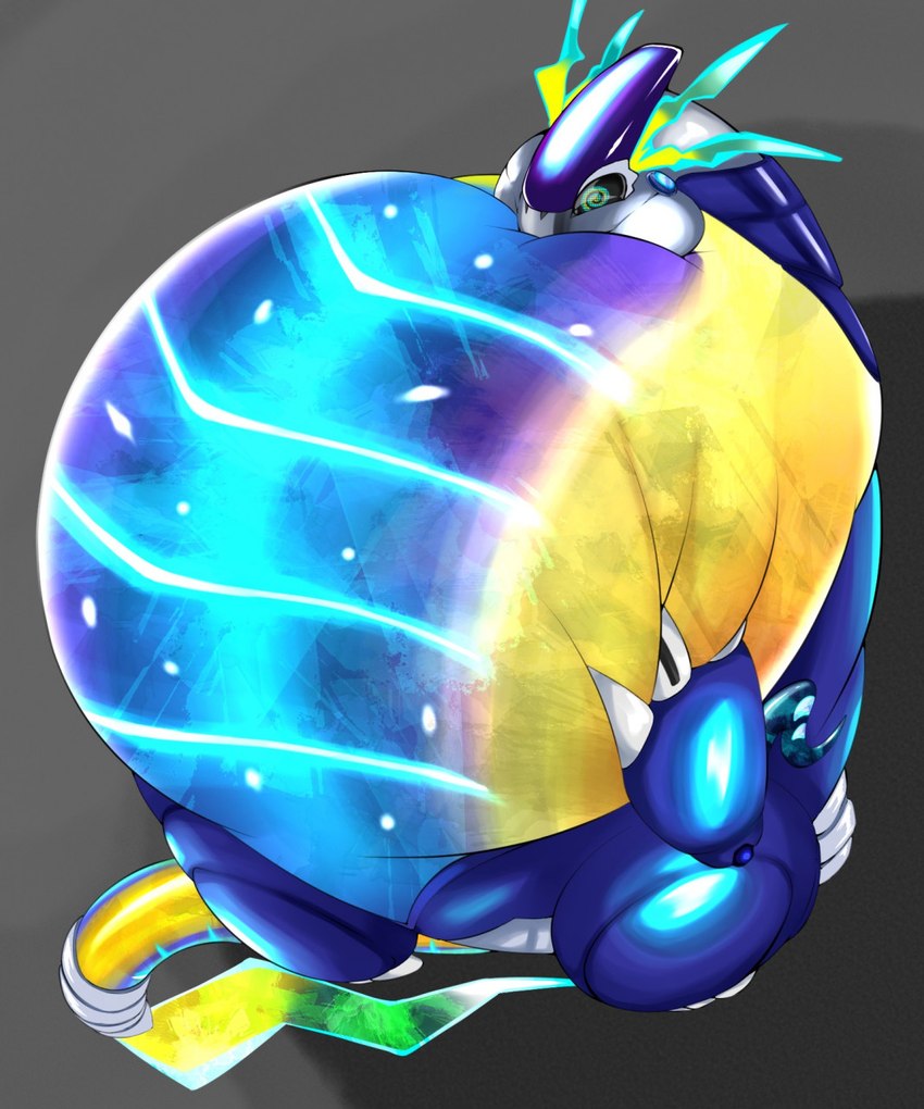 ambiguous_gender belly belly_expansion belly_inflation big_belly big_cheeks bloated blue_body claws cybernetics digital_eyes expansion feral glowing glowing_belly glowing_body green_eyes grey_background hand_on_belly hand_on_own_belly holding_belly inflated_belly inflation inflation_fetish lightning_bolt_tail lightning_tail machine metallic_body motorcycle overweight robotic silver_body simple_background solo spiral_eyes vehicle yellow_body asaz creatures_(company) game_freak mythology nintendo pokemon cyborg dragon future_pokemon generation_9_pokemon legendary_pokemon miraidon mythological_creature mythological_scalie paradox_pokemon pokemon_(species) scalie ultimate_mode_miraidon hi_res