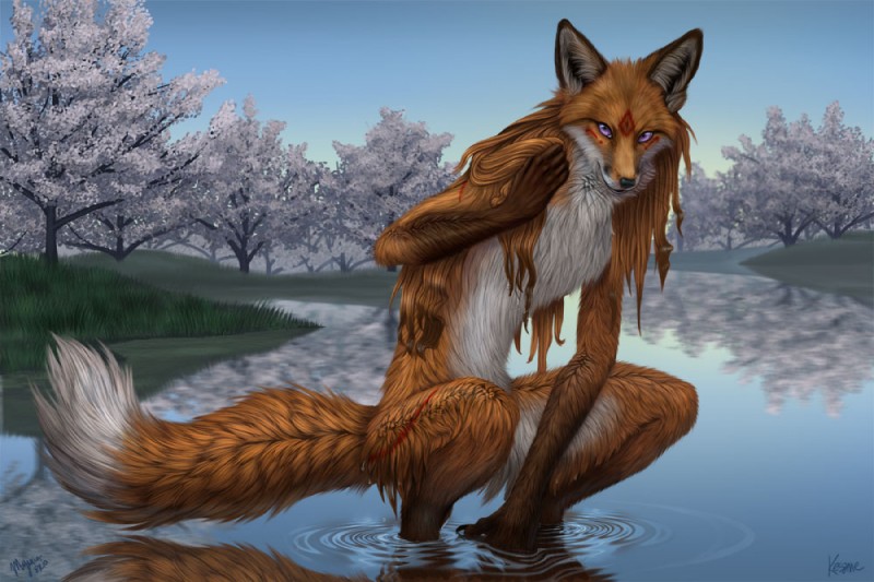 ambiguous_gender anthro arm_on_leg arm_on_thigh arms_bent bathing bent_legs black_lips black_nose brown_body brown_fur crouching crouching_in_water day detailed_background detailed_fur digitigrade facial_markings foot_in_water forest forest_background fur glistening gloves_(marking) grass hair hand_between_legs hand_in_water head_markings humanoid_hands inner_ear_fluff leg_markings lips long_mouth looking_at_viewer markings nature nature_background nude orange_body orange_fur orange_hair outside partially_submerged photorealism plant pond purple_eyes red_markings reflection river shallow_water sky snout socks_(marking) solo tail tree tuft water water_reflection water_ripple wet whiskers white_body white_fur kesame_(artist) myenia sullivan canid canine fox mammal 2011 artist_collaboration detailed