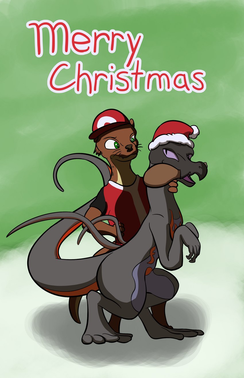 5_fingers anthro biped black_body black_scales clothing costume drumstick_(food) duo fingers grey_body grey_scales holidays male markings purple_eyes purple_markings red_body red_markings red_scales scales doesnotexist gyrotech christmas nintendo pokemon bryce_daeless fan_character saul_ashle eurasian_otter generation_7_pokemon hybrid lutra mammal mustelid otter pokemon_(species) river_otter salandit salazzle absurd_res digital_media_(artwork) hi_res