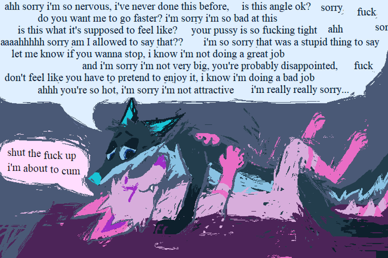 anthro anthro_on_anthro apologetic apology blue_body blue_fur blue_nose defloration dialogue duo female fur male male/female male_virgin nervous pink_body pink_fur profanity sex smile stated_virginity text virgin wall_of_text demensa emil_(demensa) canid canine canis coyote domestic_dog hybrid mammal 2023 3:2 english_text