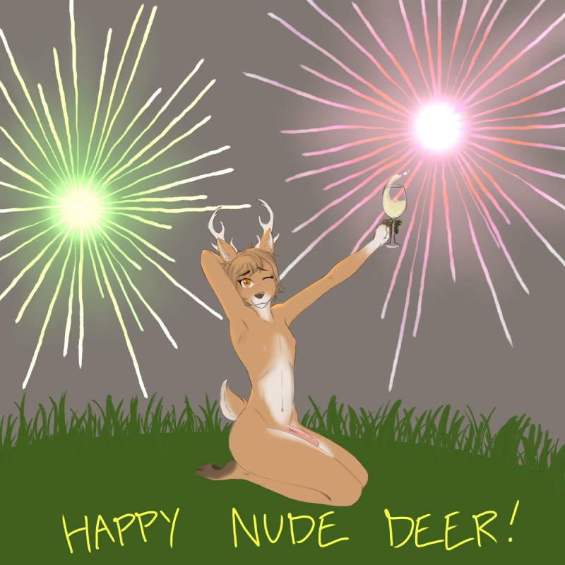 5_fingers alcohol anthro antlers barefoot beverage biped blush brown_eyes butt claws container cup drinking_glass feet femboy fingerless_(marking) fingers fireworks fur genitals glass glass_container glass_cup gloves_(marking) grass grey_background hair hand_behind_head happy holding_container holding_cup holding_object holidays horn humanoid_feet humanoid_genitalia humanoid_penis humor kneeling looking_aside looking_at_viewer male markings nipples nude one_eye_closed outside penis plant plantigrade pose pun short_hair short_tail simple_background sitting solo tail tan_body tan_fur tan_hair text white_body white_fur wine_glass wink foxtrap new_year deer mammal 1:1 english_text hi_res