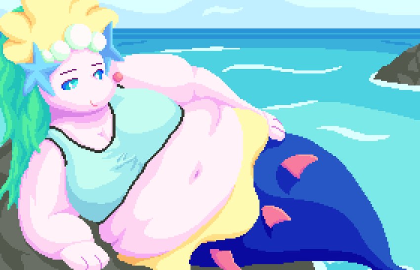 anthro belly big_belly big_breasts big_butt blue_eyes breasts butt clothing female hair long_hair looking_at_viewer obese obese_anthro obese_female overweight overweight_anthro overweight_female simple_background solo tail white_body wide_hips enkah nintendo pokemon generation_7_pokemon marine pokemon_(species) primarina 14:9 digital_media_(artwork) hi_res pixel_(artwork)