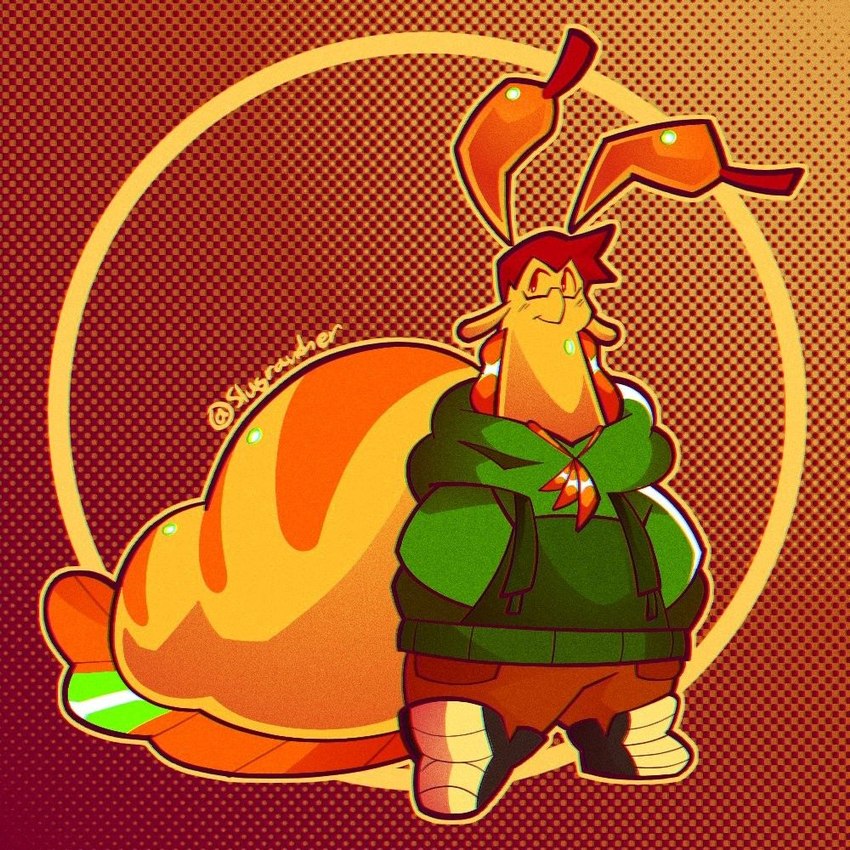 antennae_(anatomy) anthro bangs bottom_heavy bowl_cut clothing hoodie long_neck male overweight solo tail thick_tail topwear slugrancher herbert_(slugrancher) banana_slug gastropod mollusk slug 1:1 model_sheet