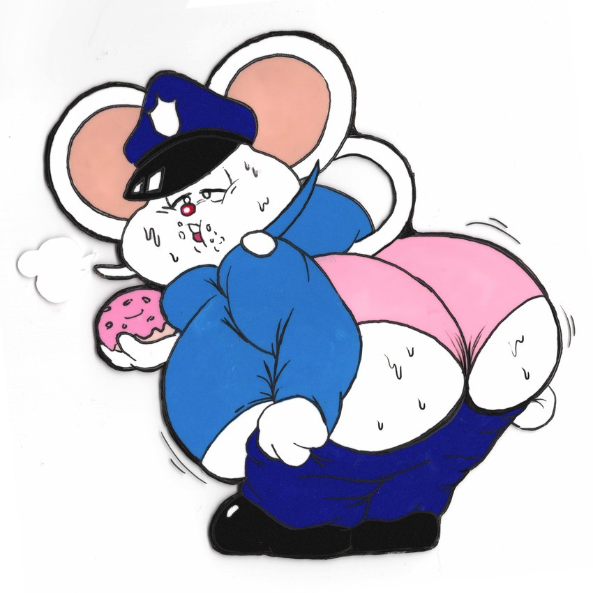 animation_cel anthro belly_overhang big_butt bodily_fluids bottomwear bottomwear_down butt clothed clothing dessert doughnut eating eating_food food male out_of_breath overweight overweight_male pants pants_down partially_clothed pastry pink_clothing pink_underwear police police_hat police_uniform solo sweat sweatdrop underwear uniform bastardpalace mappy mappy_(character) mammal mouse murid murine rodent 1:1 hi_res traditional_media_(artwork)