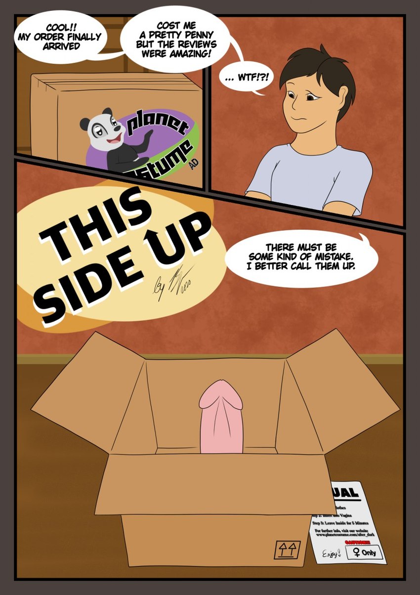 box brown_eyes brown_hair clothing confusion container costume_transformation dildo hair human_focus imminent_transformation male not_furry panel_skew sex_toy solo text bluevanilla_(artist) human mammal 2020 comic english_text hi_res