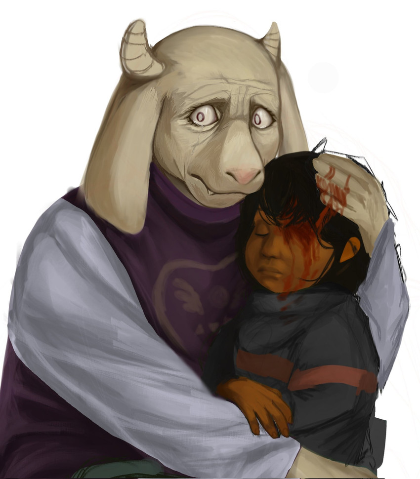2_horns 5_fingers ambiguous_gender anthro bared_fangs biped black_hair blood blood_on_face blood_on_hand blood_on_head bodily_fluids death duo female fingers fur hair horn horrified tan_body tan_skin white_body white_eyes white_fur ncromania ivan_the_terrible_and_his_son_ivan undertale undertale_(series) frisk_(undertale) toriel human mammal 2025 hi_res