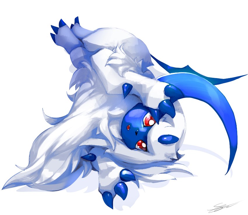 ambiguous_gender claws fangs feral fur horn lying on_side open_mouth red_eyes simple_background solo tail teeth white_body white_fur likey nintendo pokemon absol generation_3_pokemon pokemon_(species) 2024 signature