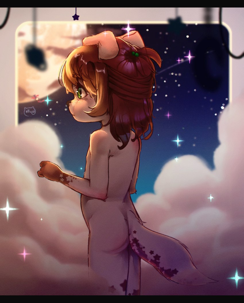 anthro breasts brown_body brown_fur brown_hair butt detailed_background female fingers flat_chested fur green_eyes hair markings moon nude rear_view sky skyscape solo star star_(marking) starry_sky tan_body tan_fur young young_anthro young_female elly_(artist) sundae_(kei) canid canine canis domestic_dog mammal digital_media_(artwork) hi_res letterbox