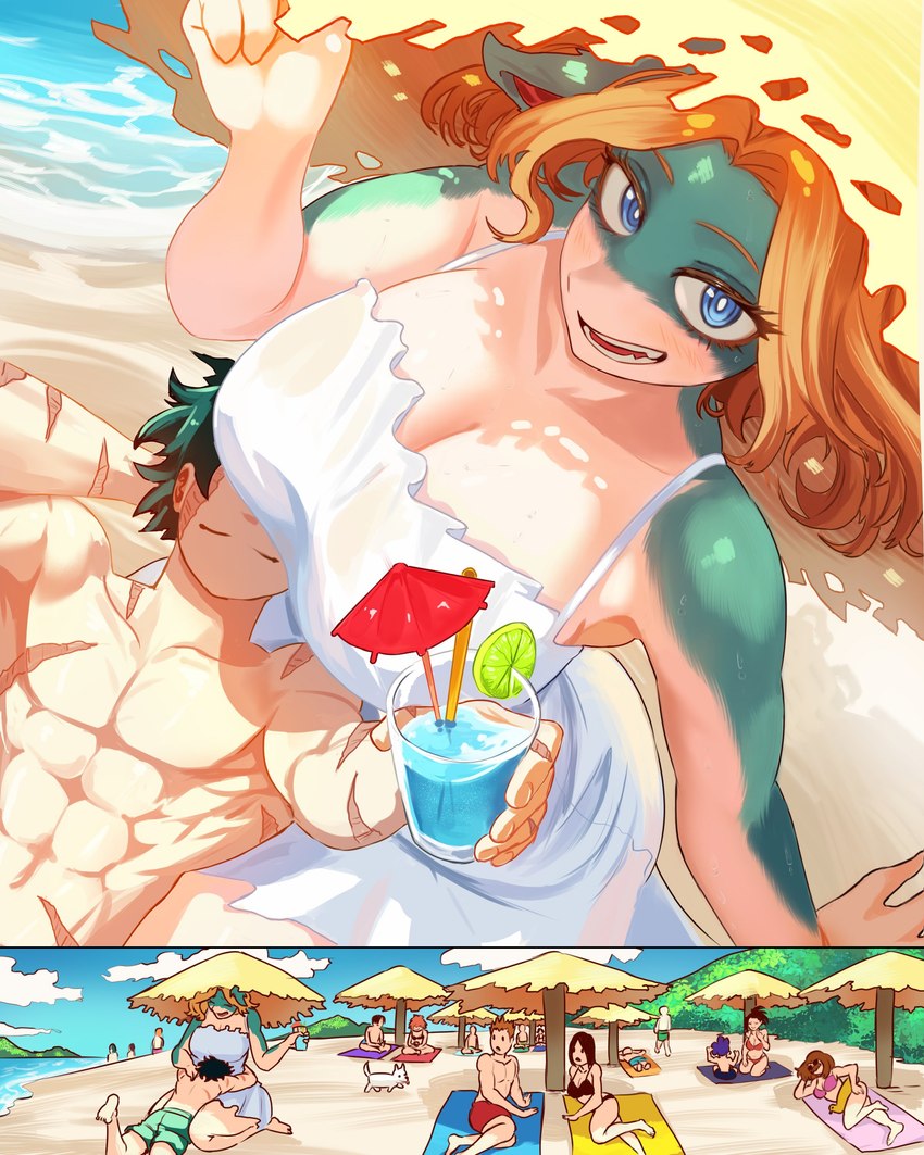 beach beverage big_breasts bra breasts clothing dress facial_scar female feral group hug larger_female male romantic romantic_ambiance sand scar sea size_difference smaller_male swimming_trunks swimwear umbrella underwear water vlizz my_hero_academia ippan_josei izuku_midoriya 2025 absurd_res digital_media_(artwork) hi_res