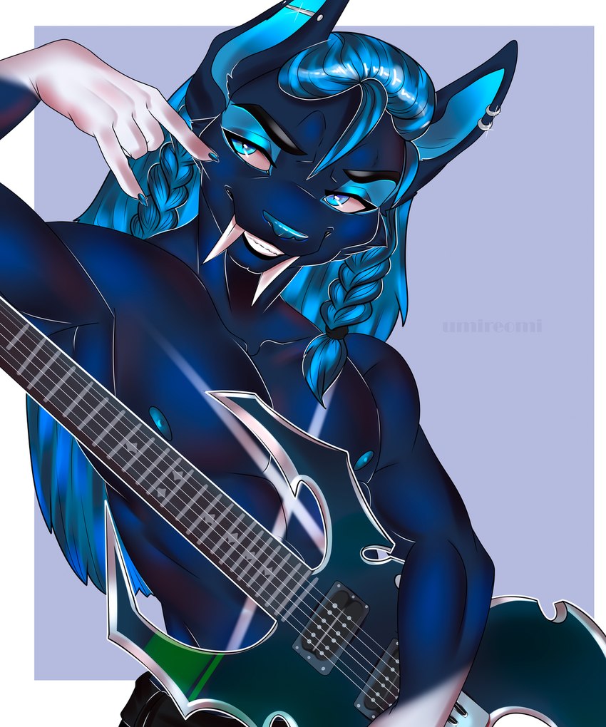 5_fingers abs anthro biceps blue_eyes bottomwear braided_hair clothed clothing colored_nails devil_horns_(gesture) ear_piercing electric_guitar fangs femboy fingers fur fur_markings gesture guitar hair hand_gesture holding_object long_hair male markings muscular muscular_anthro muscular_femboy muscular_male musical_instrument nails narrowed_eyes nipples open_mouth pecs piercing playing_guitar playing_music plucked_string_instrument sabertooth_(anatomy) simple_background smile solo standing string_instrument teeth topless white_body white_fur umireomi felid mammal prehistoric_species saber-toothed_tiger digital_media_(artwork) hi_res