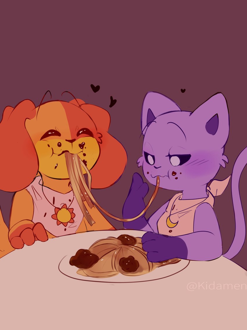 anthro duo eating eating_food eating_spaghetti eyes_closed food food_in_mouth food_on_face furniture happy heart_symbol jewelry male meatball napkin necklace orange_body pasta plate purple_body simple_background sitting sitting_together smile spaghetti table kidamenaq mob_entertainment poppy_playtime smiling_critters catnap_(poppy_playtime) dogday_(poppy_playtime) canid canine canis domestic_cat domestic_dog felid feline felis mammal 3:4 hi_res