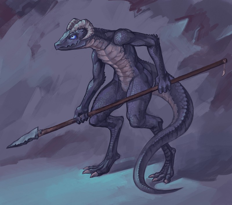 anthro claws holding_melee_weapon holding_object holding_polearm holding_spear holding_weapon horn melee_weapon nude polearm scales solo spear weapon armpitcore420 scalie 2019 full-length_portrait hi_res portrait