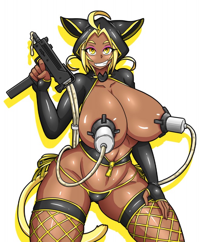 big_breasts blonde_hair bodily_fluids breasts clothed clothing female fishnet_clothing hair lactating looking_at_viewer machine milk milk_gun milk_squirt_gun milking_machine simple_background skimpy solo weapon yellow_eyes dr.bug animal_humanoid felid humanoid mammal 5:6 digital_media_(artwork) hi_res