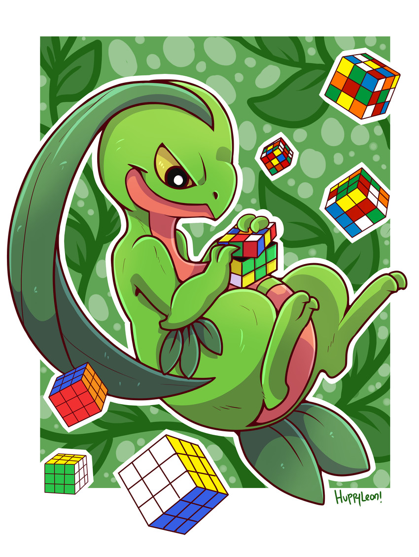 ambiguous_gender anthro chibi cube_(object) green_body leaf leaf_hair leaf_tail multicolored_body plant plant_hair pseudo_hair red_body semi-anthro solo tail two_tone_body yellow_sclera huppyleon nintendo pokemon rubik's_cube generation_3_pokemon grovyle pokemon_(species) absurd_res digital_media_(artwork) hi_res